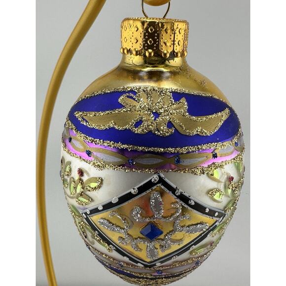 Unique Treasures Hand Blown Glass Egg Ornament w/ Blue and Gold Accents Crystals - Picture 3 of 9
